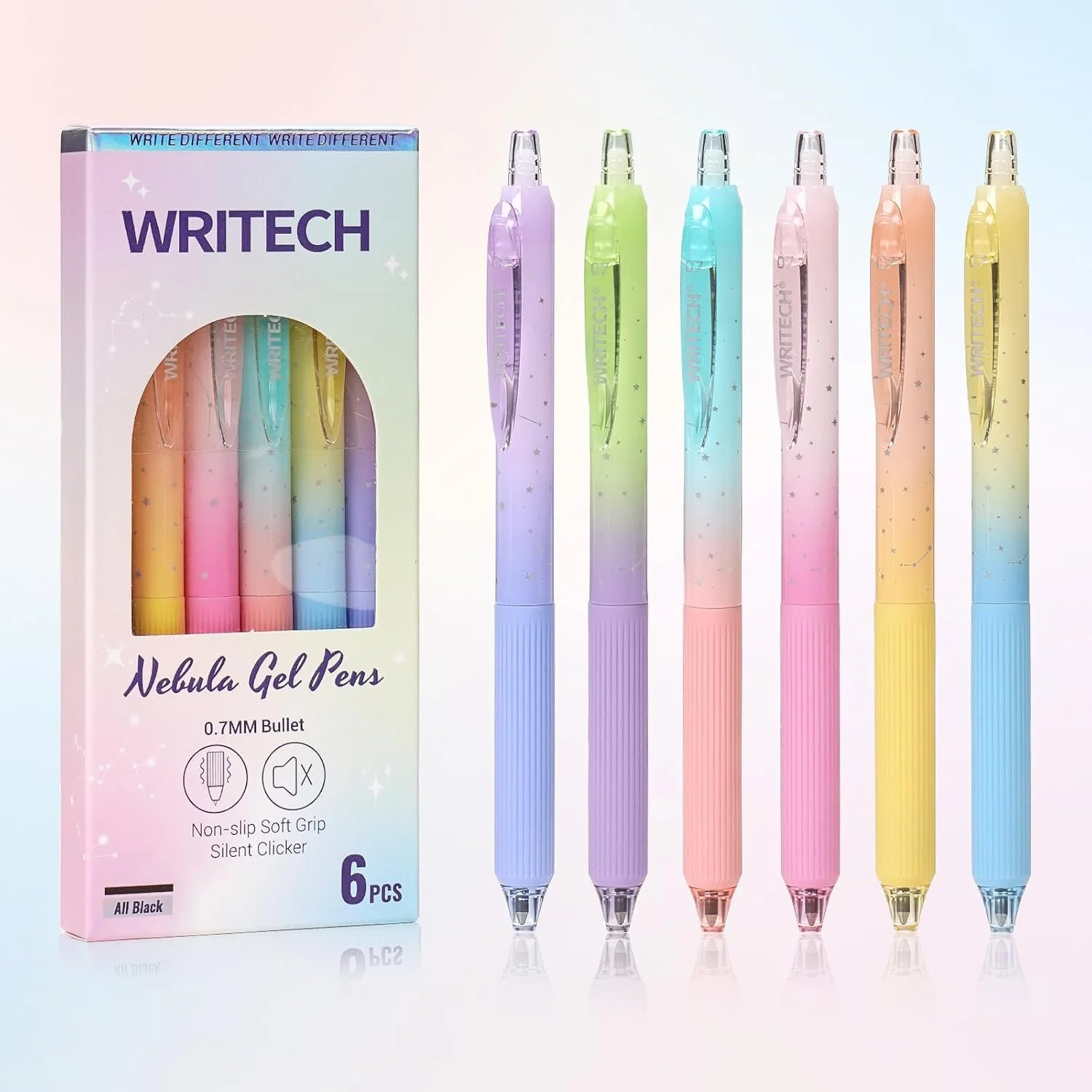 WRITECH Gel Pens Fine Point: 0.7mm Black Ink Retractable 6ct Smooth Writing with Aesthetic Gradient Color Barrel for Journaling Note Taking Silent Click No Smear Nebula Pen Set