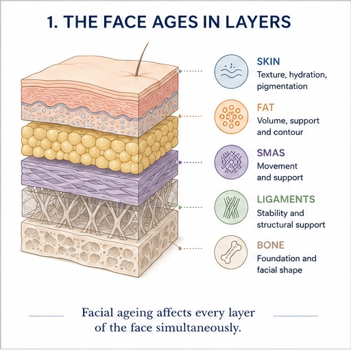 Diagram illustrating the five layers of the face: skin, fat, SMAS, ligaments, and bone, showing how facial aging affects each layer.