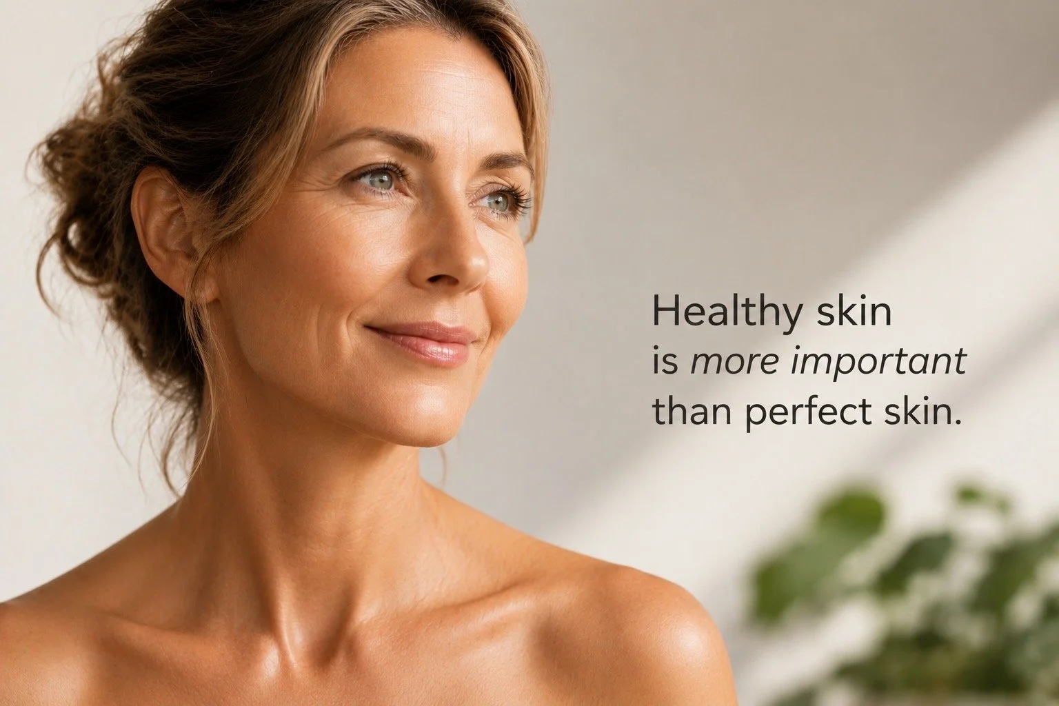 Close-up of a woman with natural, glowing skin smiling softly, with an inspirational skincare quote overlayed