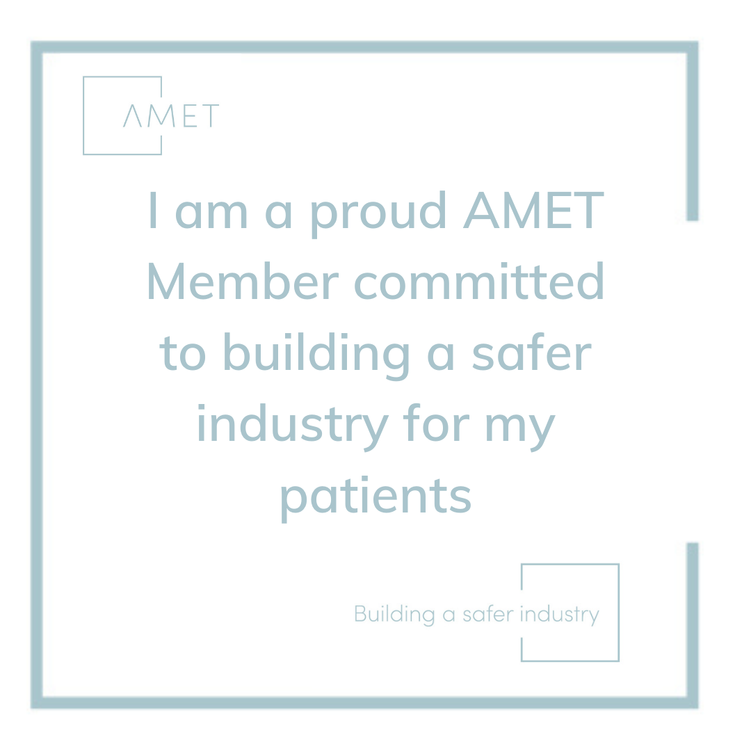 A certificate or sign from AMET with a statement about being a proud member committed to building a safer industry for patients.