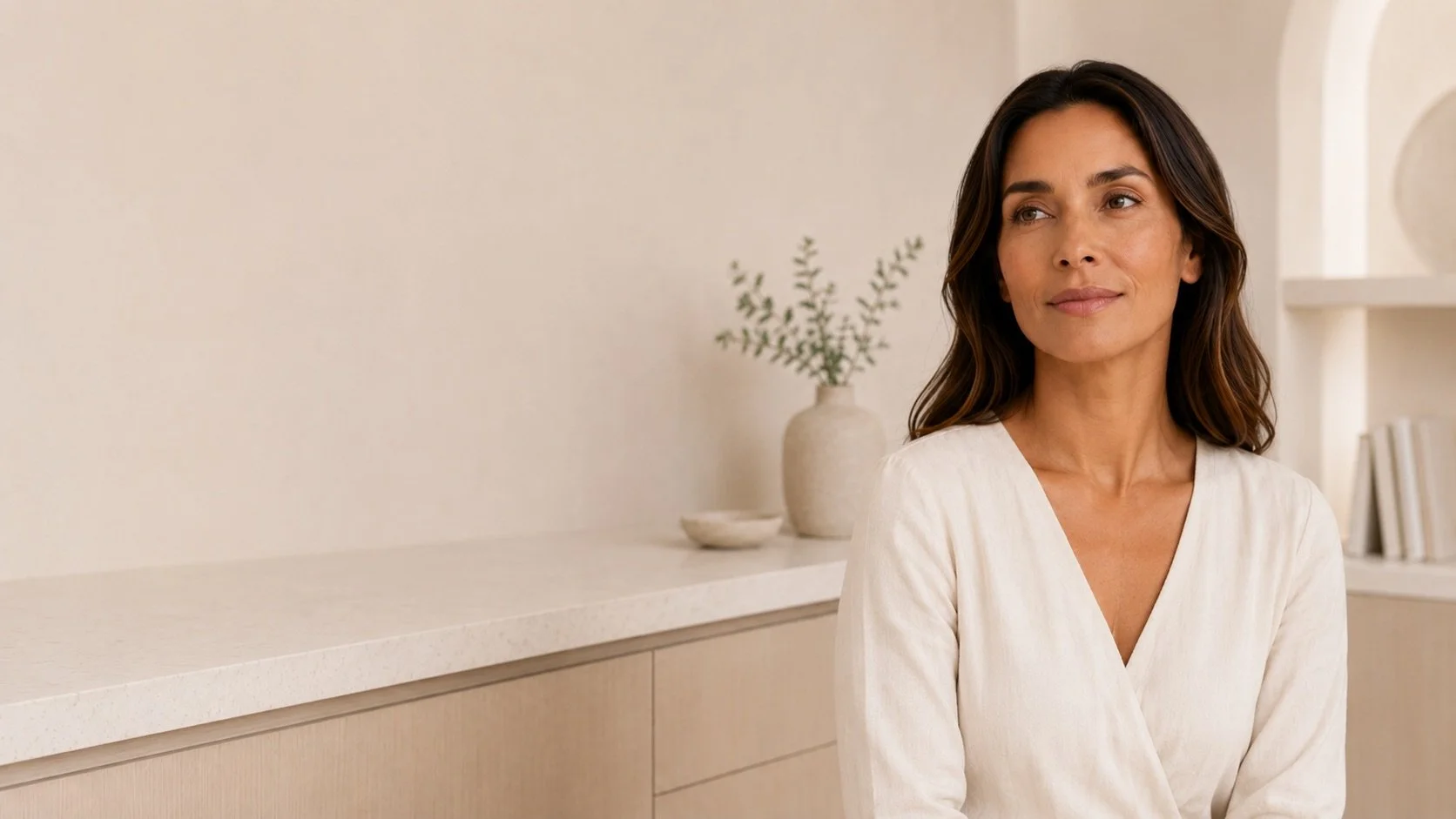A woman with long dark hair and a light-colored wrap dress sitting in a modern, neutral-toned room with minimal decor, including a potted plant and books.