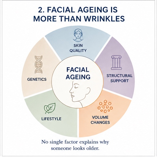 Diagram titled 'Facial Ageing is more than wrinkles,' showing factors influencing facial ageing: Skin Quality, Structural Support, Volume Changes, Lifestyle, and Genetics, with a central illustration of a woman's face.