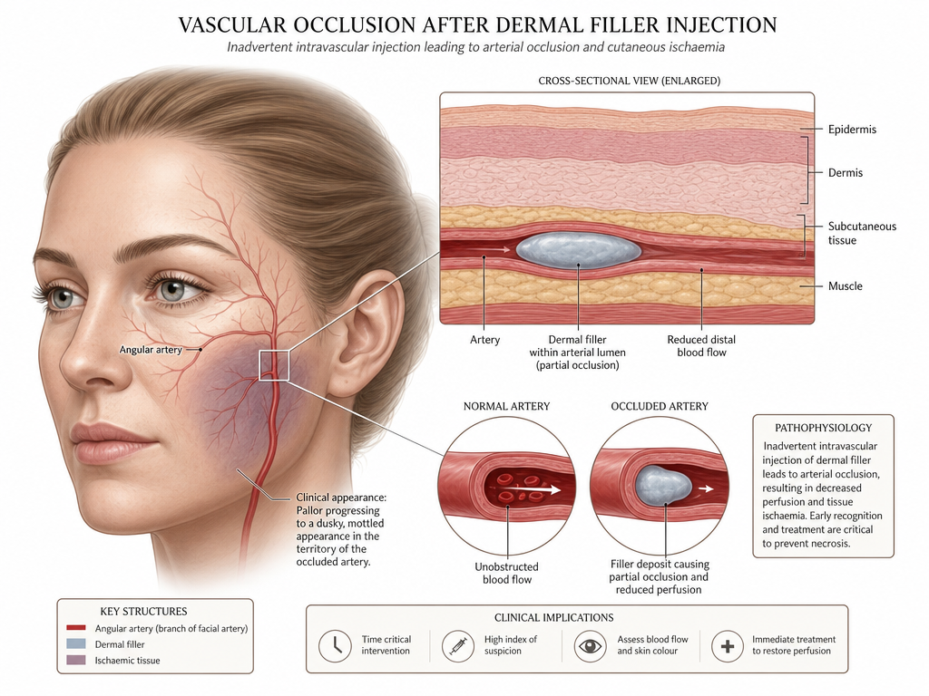 Diagram showing vascular occlusion after dermal filler injection with cross-sectional view of an artery, comparing normal and occluded arteries, highlighting dermal filler causing partial occlusion and reduced blood flow, and illustrating key structures including artery, dermal filler, connective tissue, and muscle.