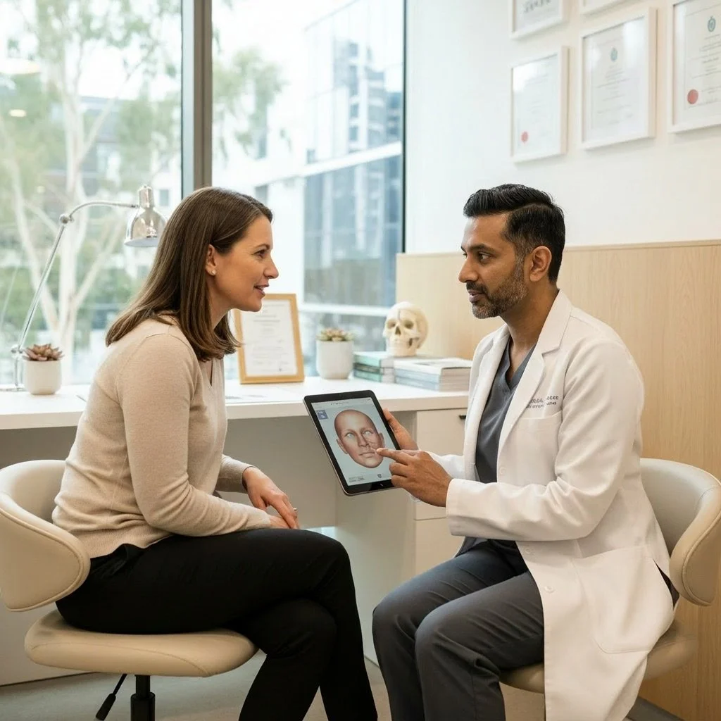 A female patient sitting and talking to a male doctor holding a tablet displaying a facial image in a medical office.