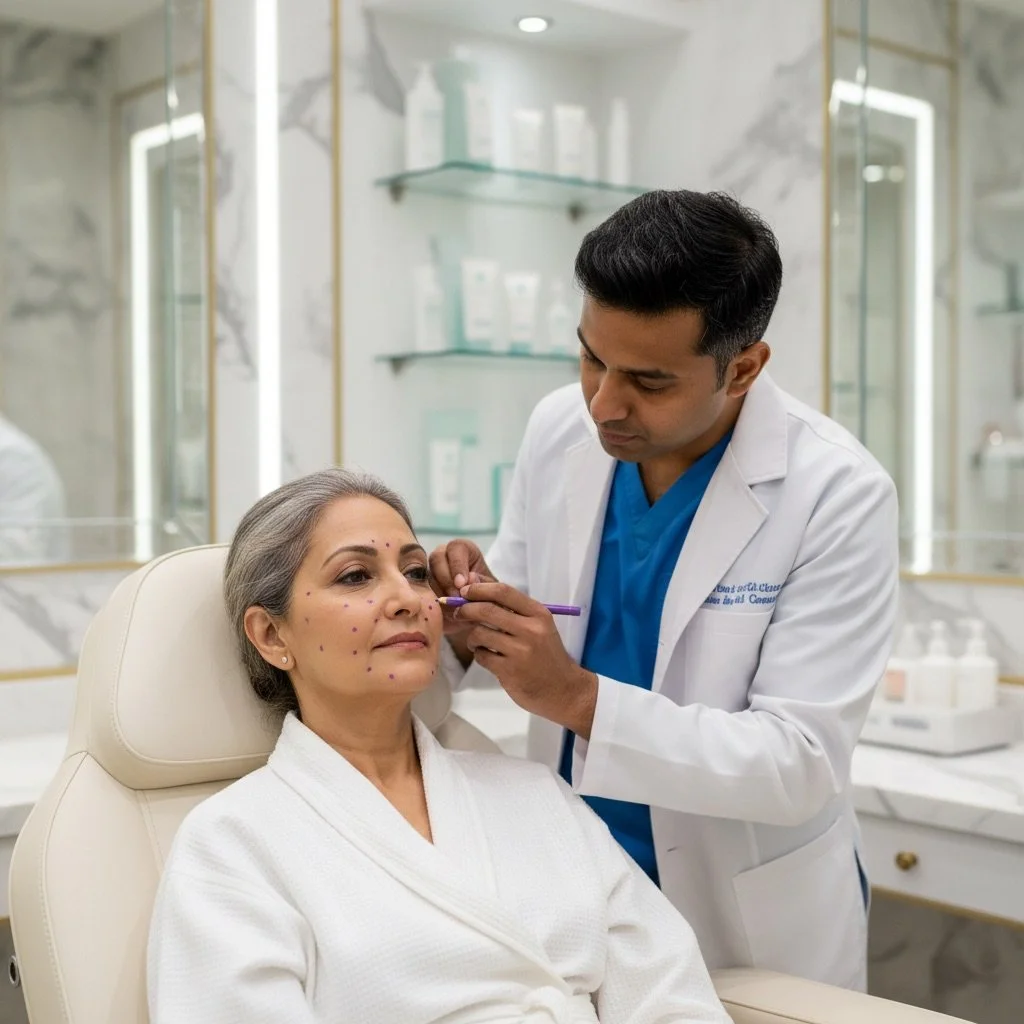 A doctor examines a woman with dots marked on her face in a clinical setting.