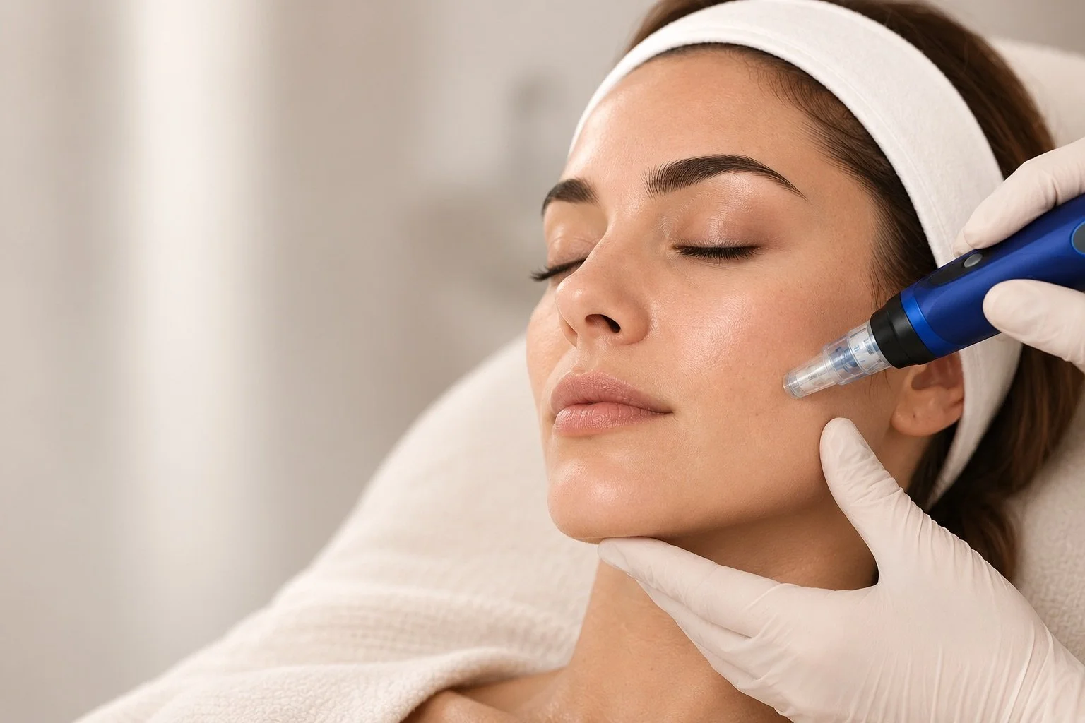 A woman receiving a facial treatment with a handheld device on her face, lying with eyes closed, wearing a white headband and a cream towel.