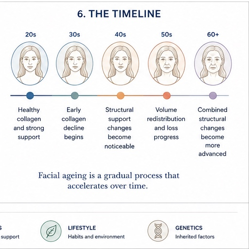 Timeline showing facial aging process from 20s to 60+, including changes in collagen, structural support, volume, and structural complexity, with descriptions of each stage and factors influencing aging.