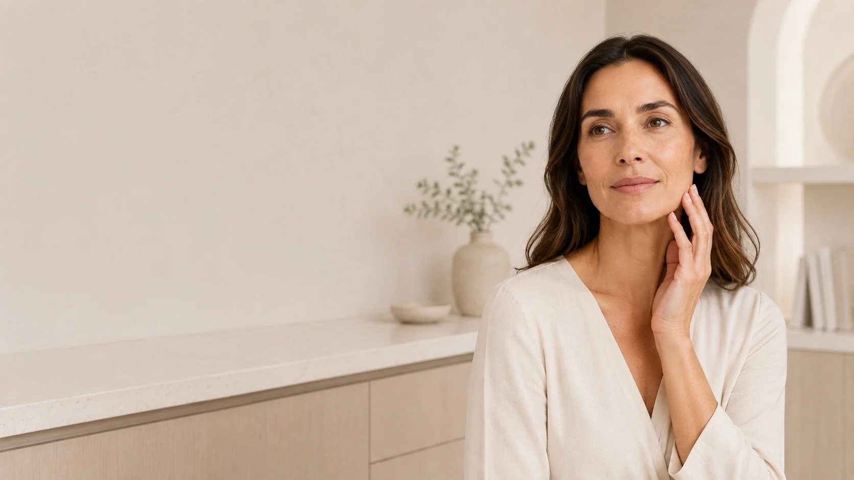 A woman with long brown hair touching her face, standing in a minimalist room with beige walls and a white countertop, with decorative items such as a vase with greenery and a shelf with books in the background.