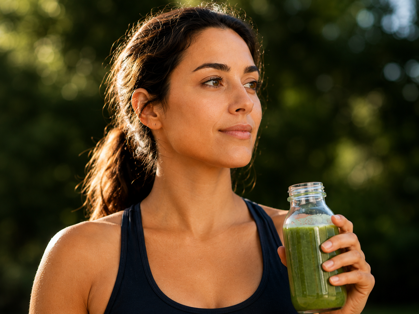 A young woman in a black athletic top holding a jar of green smoothie outdoors with trees in the background, enjoying sunlight on her face.