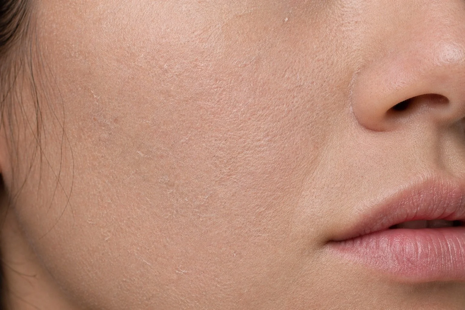 Close-up of a person's cheek, showing smooth, clear skin with visible pores and light skin tone.