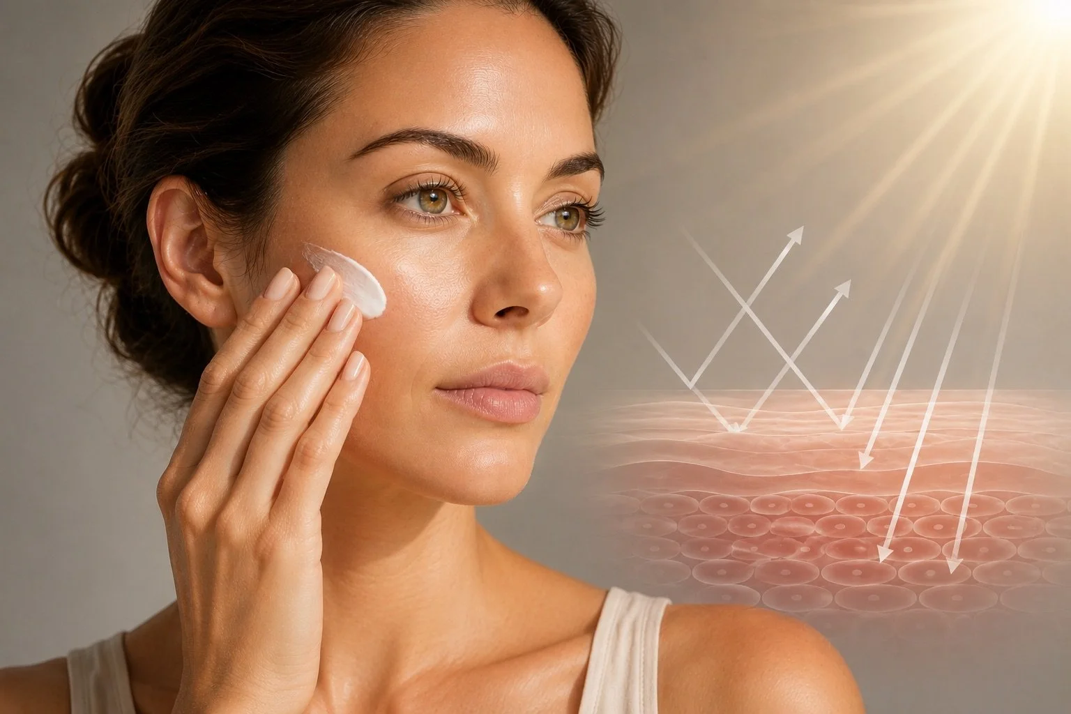 Woman applying facial sunscreen as part of a daily skin pigmentation and sun-protection routine.