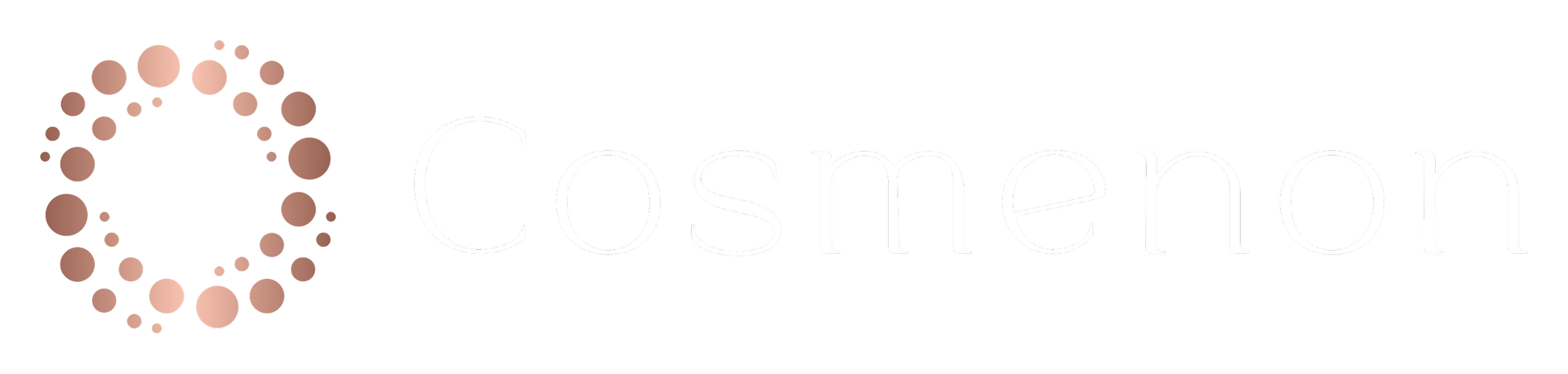 Cosmetic brand logo with a circular design made of small pinkish circles on the left and the word 'Cosmenon' in stylized white text on a black background.