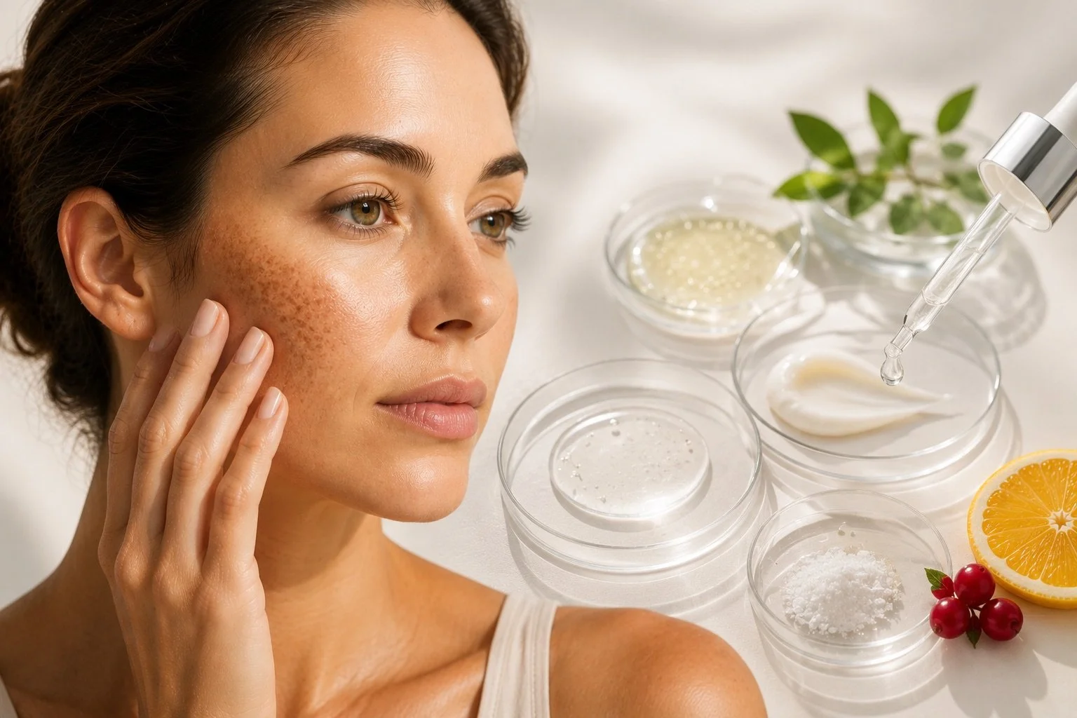 Woman with natural facial pigmentation beside skincare formulations and a serum dropper.