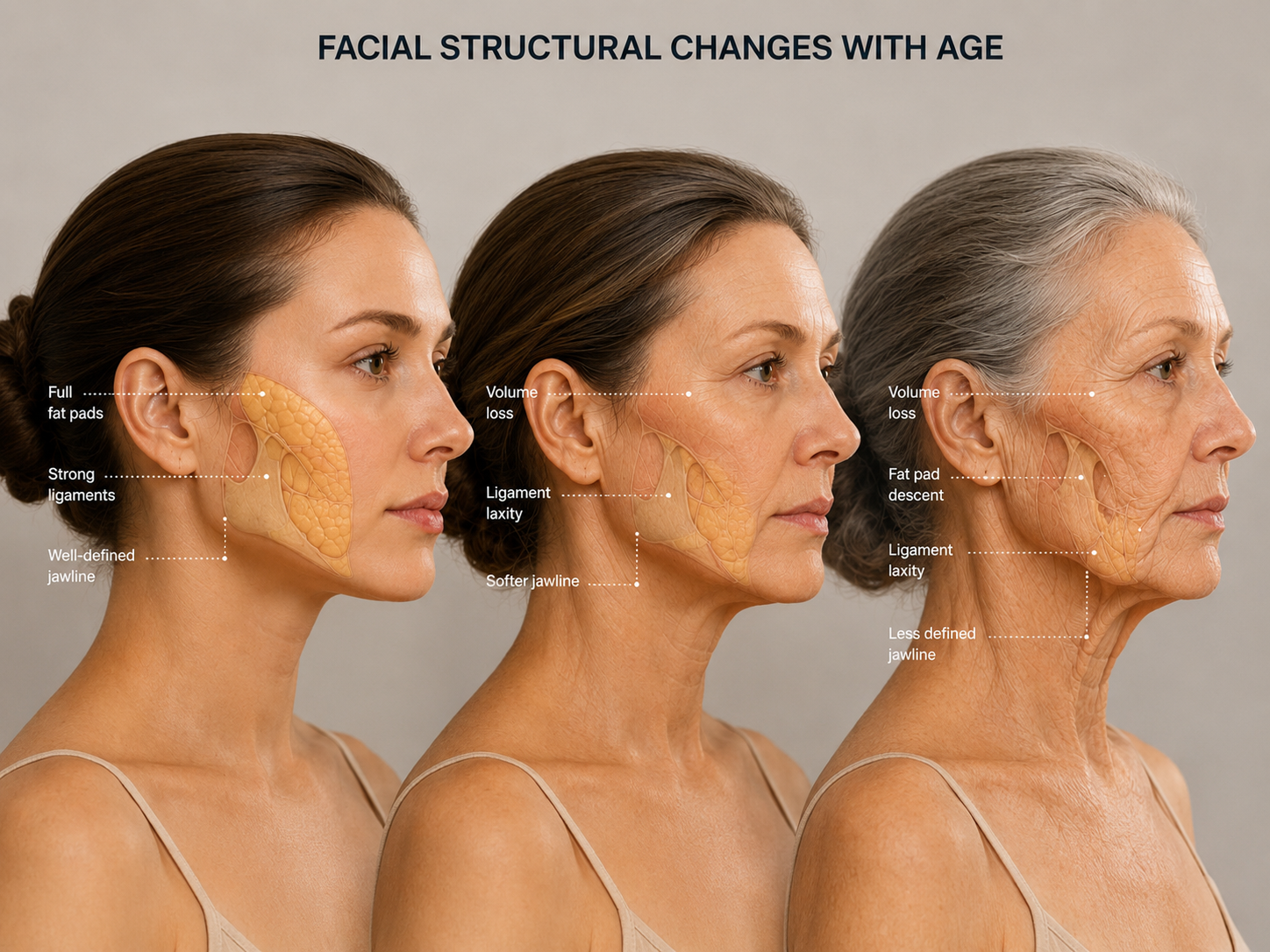 Side view of a woman's face illustrating three stages of facial aging, showing structural changes with age, including full fat pads, strong and less defined ligaments, and varying jawline definition.