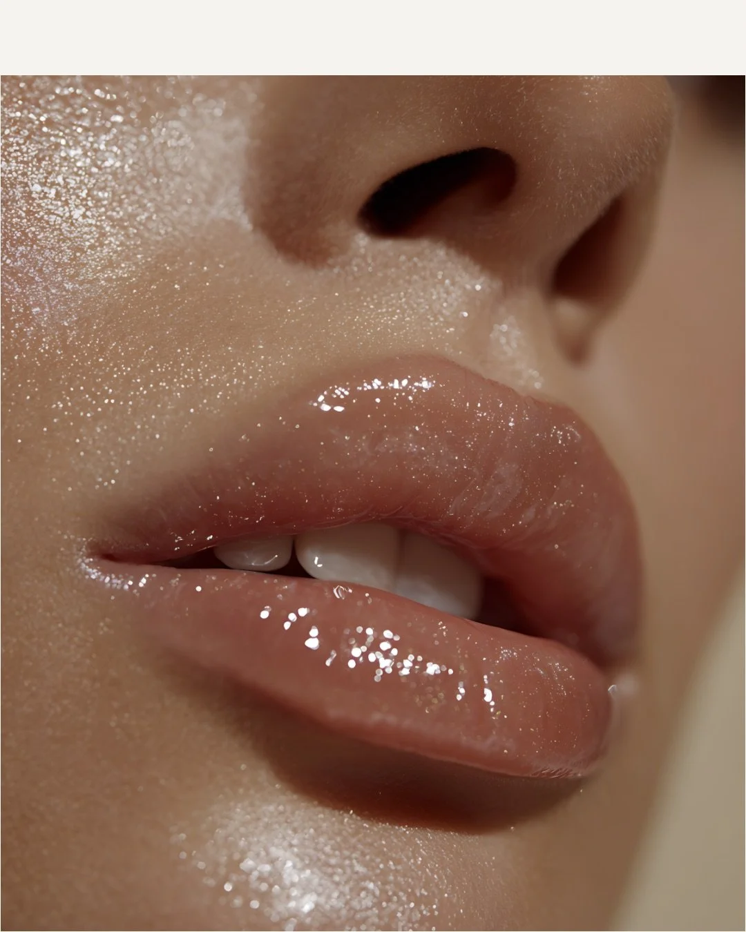 Close-up of a person's nose and lips with shiny, dewy skin and lips.
