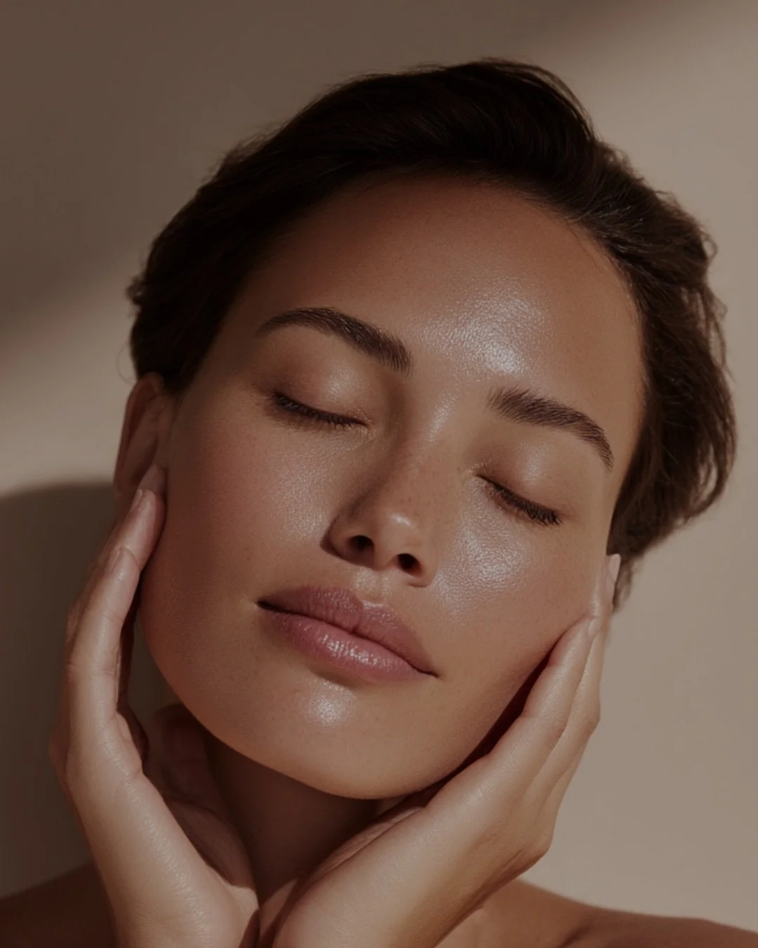 A woman holds her face, her skin is smooth and glowing