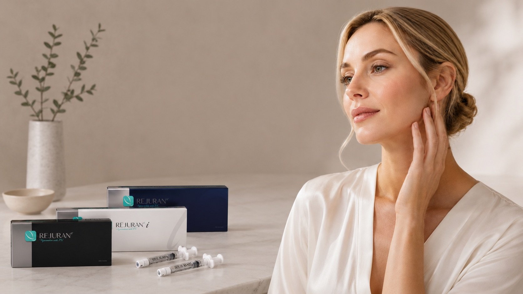 A woman touching her face with lines of skincare product on the table in front of her, including boxes labeled Rejuran and three syringes.