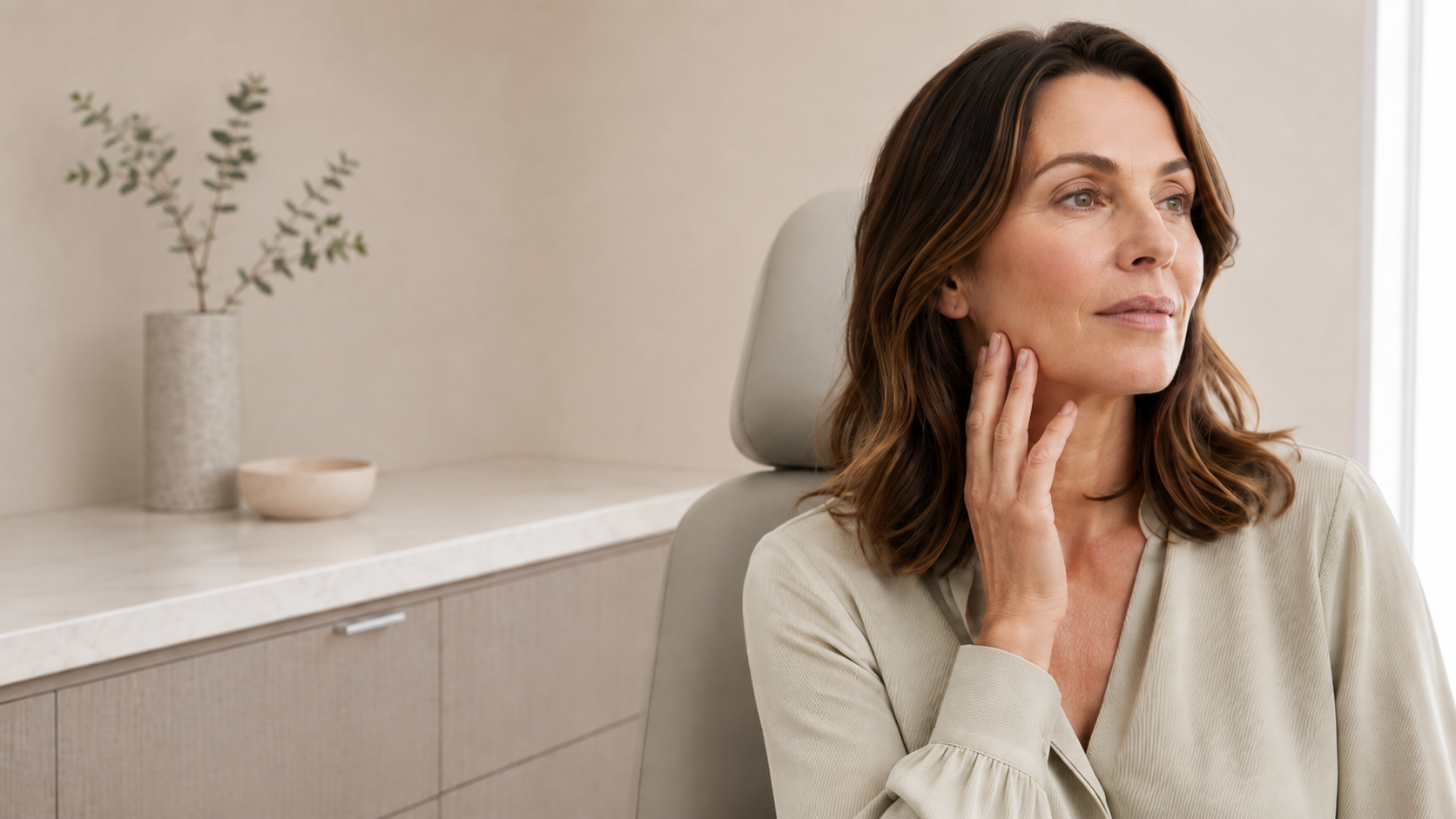 A woman gently touching her jawline while sitting on a chair in a neutral-colored room with minimal decor, including a vase with greenery and a small bowl on a countertop.