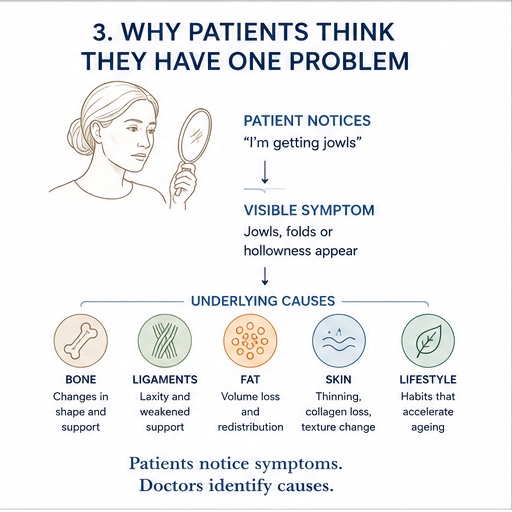 An infographic explaining why patients think they have a problem with their. It shows a woman holding a mirror and noticing jowls. The visible symptoms include jowls, folds, or hollowness. Underlying causes listed are bone changes, weakened ligaments, fat volume loss, skin thinning, and lifestyle habits.