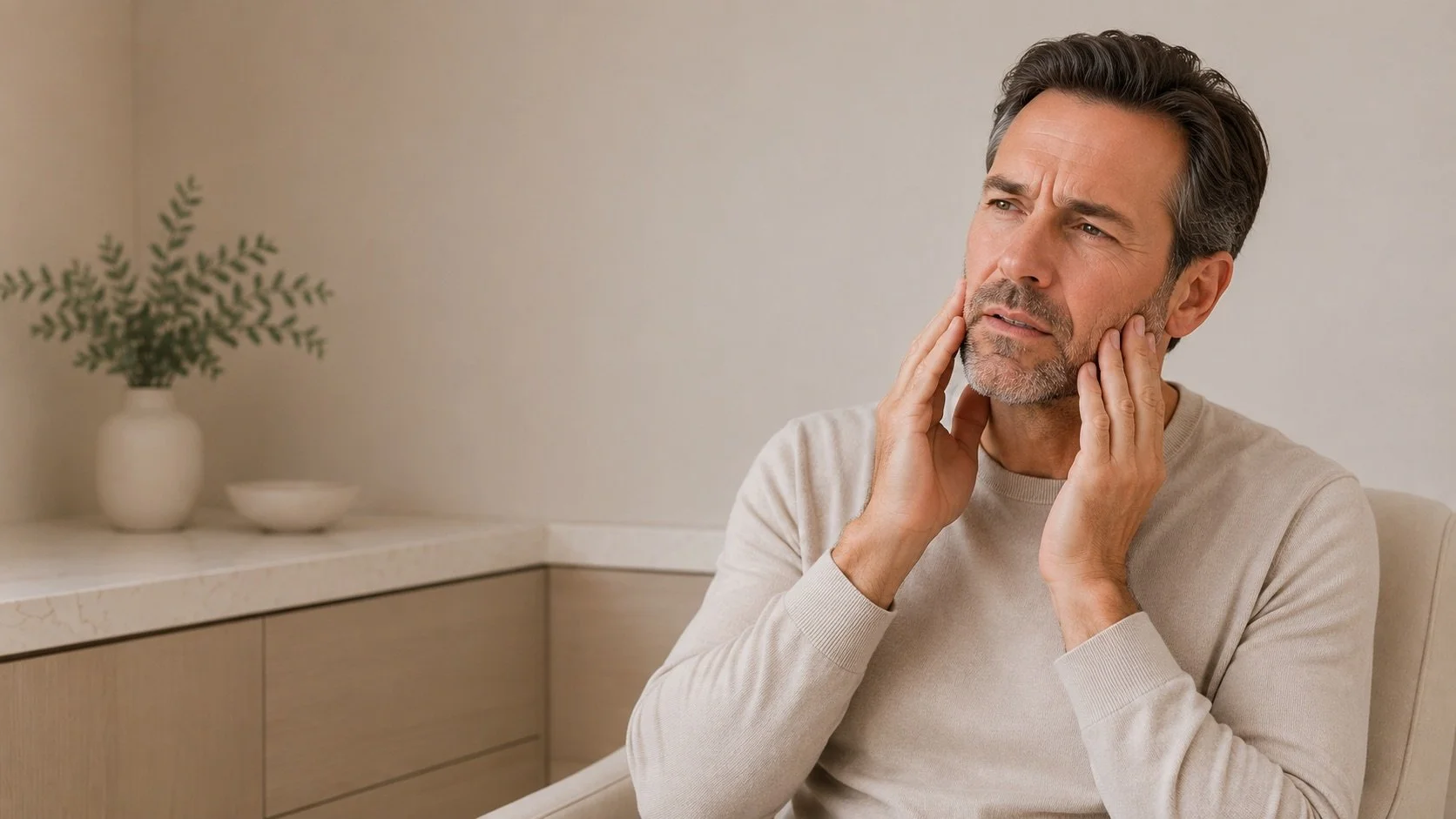 Middle-aged man with gray hair and beard touching his jawline, appearing to have jaw pain or discomfort, sitting in a neutral-colored room with a plant and decorative bowl on a countertop in the background.