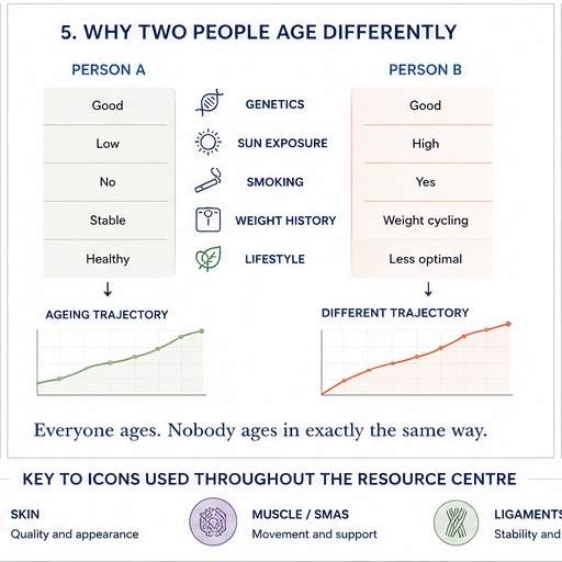 Comparison chart titled '5. Why Two People Age Differently' shows attributes of Person A and Person B, including genetics, sun exposure, smoking, weight history, and lifestyle. Graphs illustrate aging trajectories, with Person A's aging being more stable and less optimal than Person B's. Icons at the bottom indicate key concepts: skin, muscle/SMAS, and ligaments, with descriptions for quality, movement, and stability.