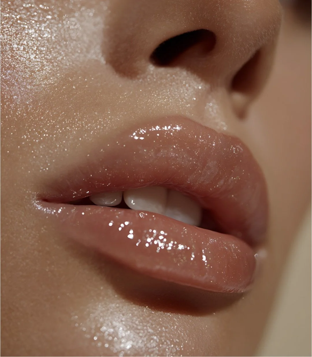 Close-up of a person's lips, showing glossy, slightly parted lips with a few teeth visible, and a close-up of the nose with visible pores.