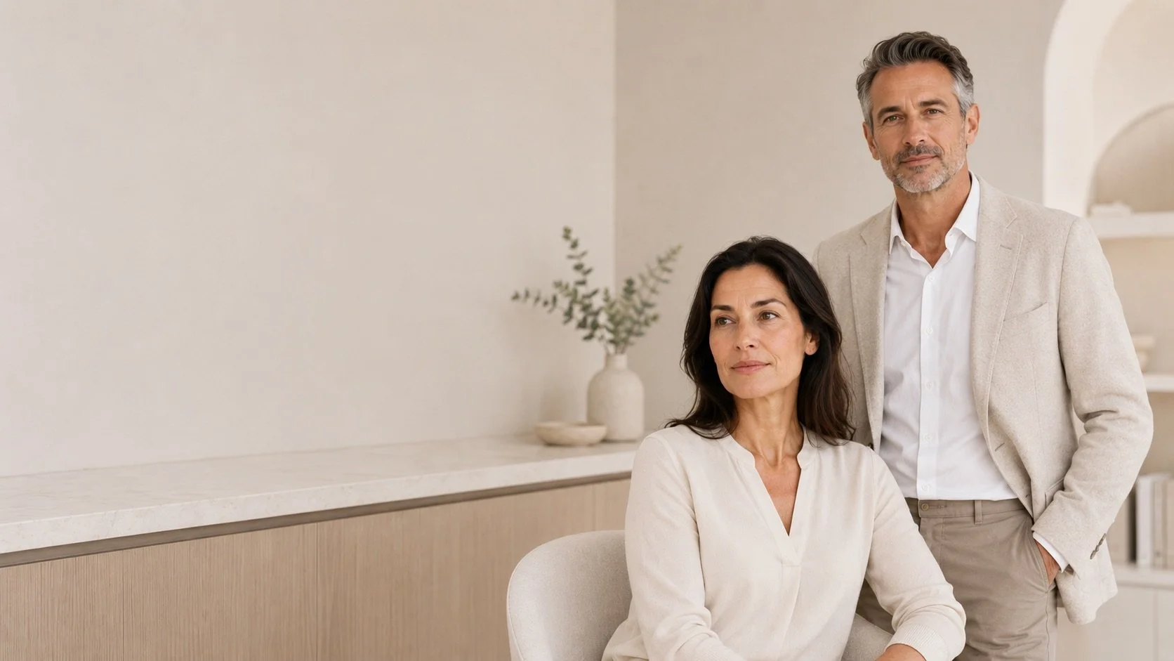 A mature woman sitting at a desk with a man standing behind her in a neutral-toned, modern office or home office space, with minimalist decor including a white vase with green foliage on the counter.