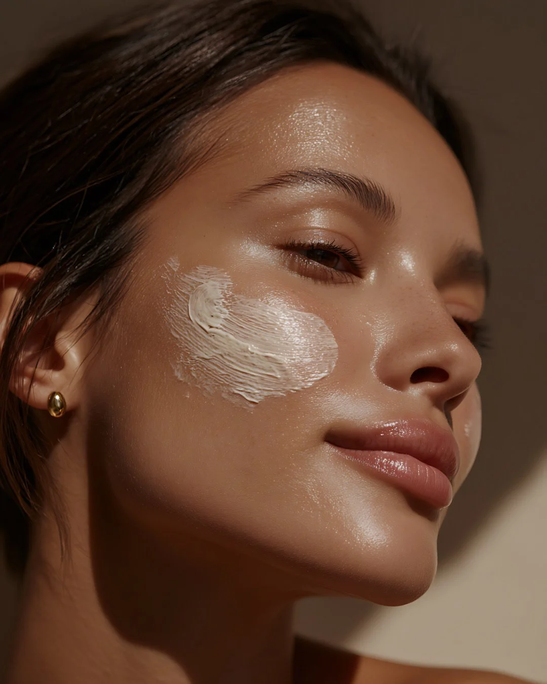 Close-up of a woman with smooth, glowing skin having a white cream applied to her cheek.