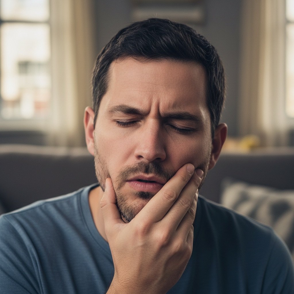 A young man with short dark hair and a beard, holding his jaw with his right hand and touching his face, appeared to be in pain or distress.