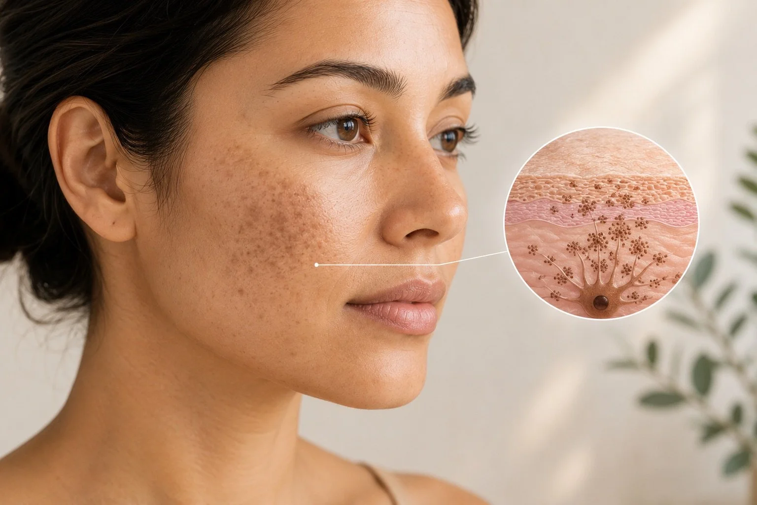 Close-up of a woman's face showing acne scars on her cheek, with a digital illustration of skin layers and hair follicles in an inset bubble.