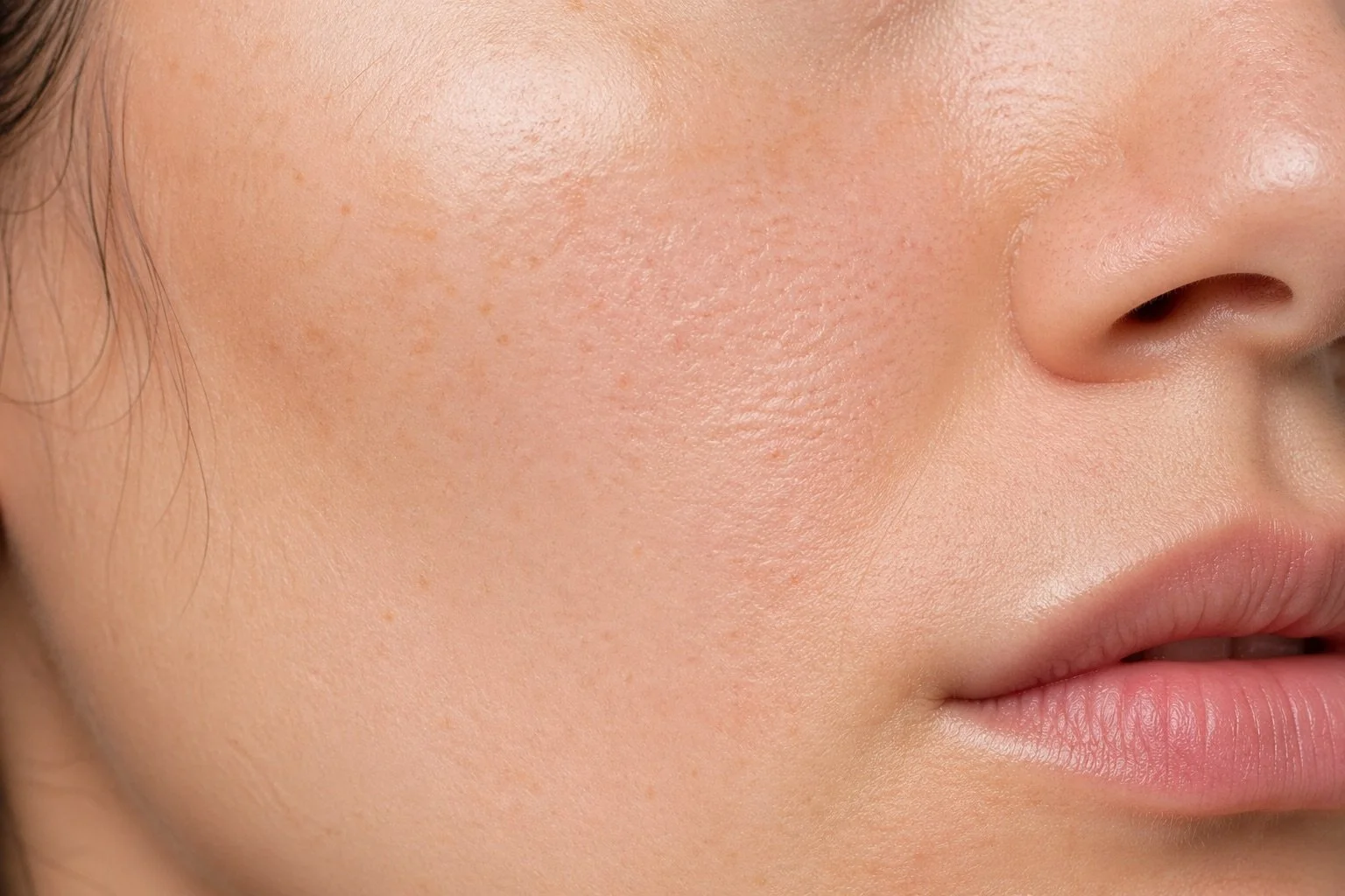 Close-up of a person's cheek showing smooth skin with some freckles, particles, and natural skin texture, along with part of the nose and lips.