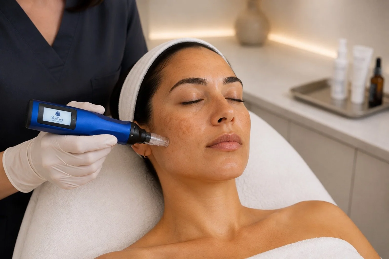 Woman with facial pigmentation receiving SkinPen microneedling treatment in a clinical setting.