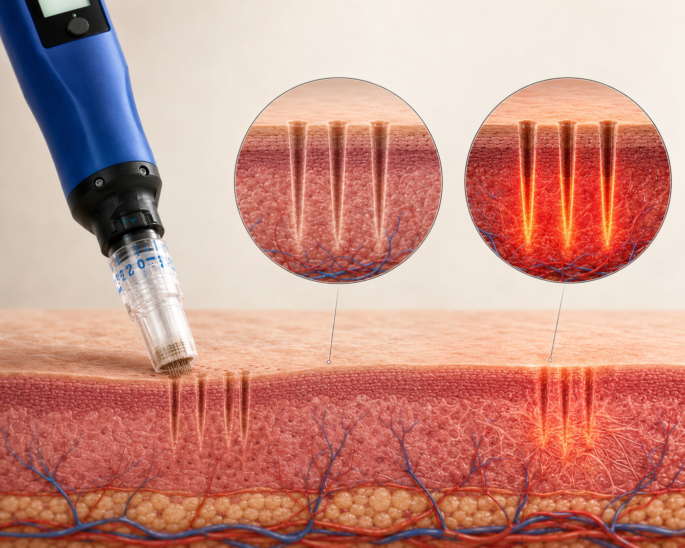 A laser device performing skin treatment on a person's skin, with two insets showing the mechanism of skin penetration and targeted laser therapy effect.