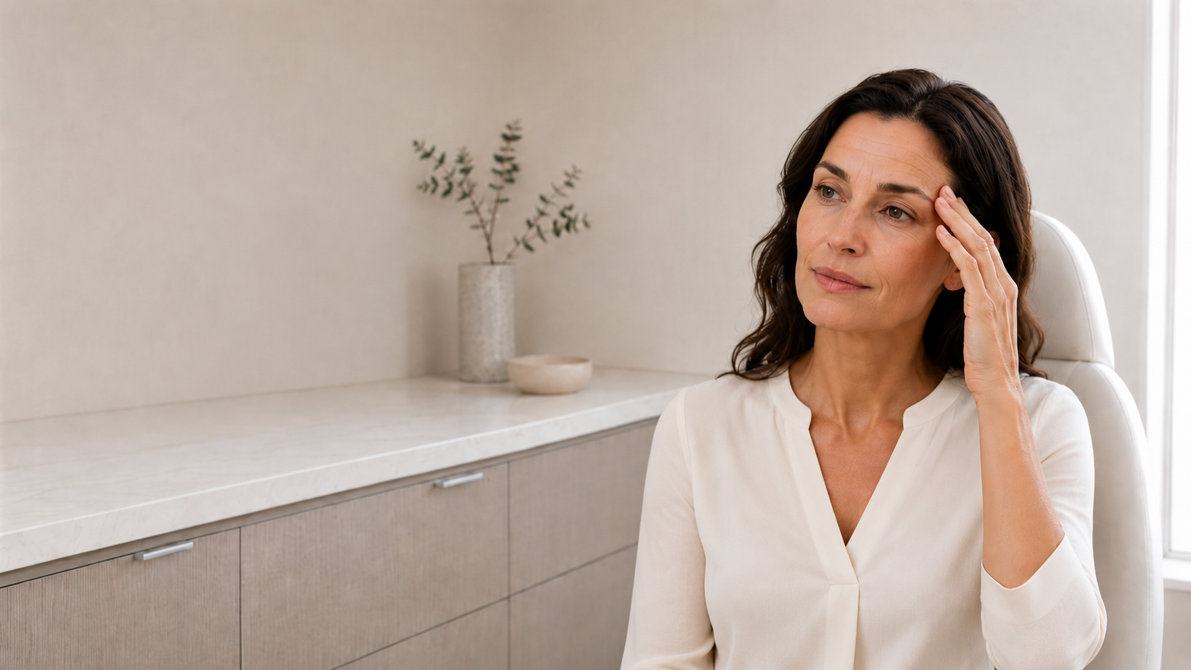 A middle-aged woman with dark brown hair sitting in a white chair, resting her right hand on her temple, looking thoughtful or concerned in a modern, minimalistic room with a beige wall, a marble countertop, and a vase with greenery.