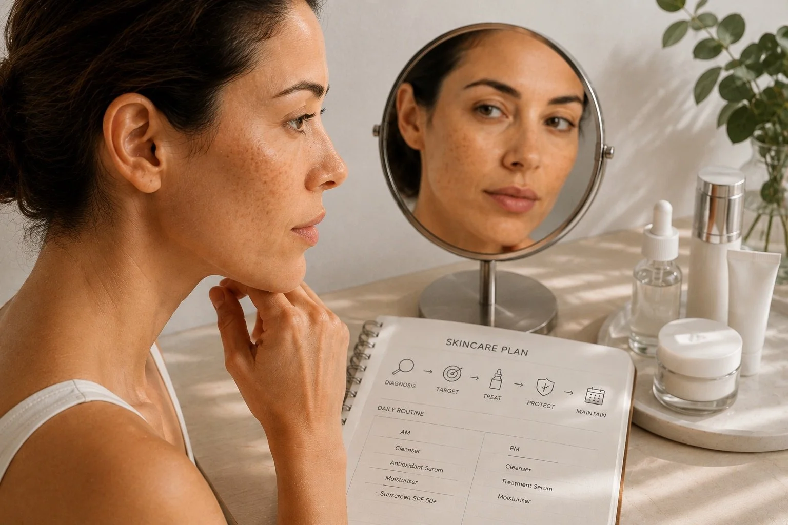 Woman examining natural facial pigmentation in a mirror beside a personalised skincare plan and topical skincare products.