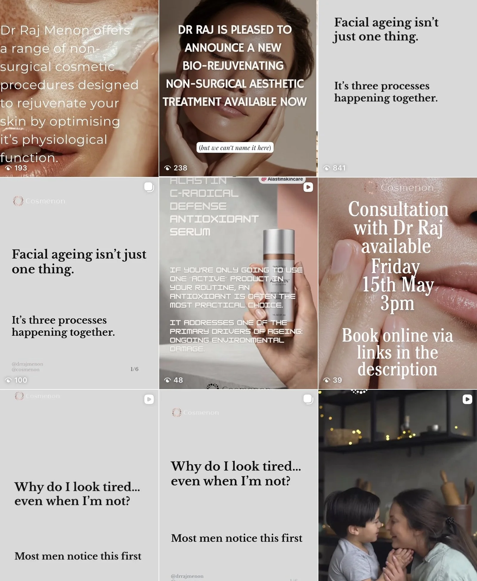 A collage of social media posts and images related to skincare, aging, and relationships. It includes text about cosmetic procedures, skincare products, and a mother and child sharing a moment, with some posts mentioning booking appointments and skin rejuvenation.