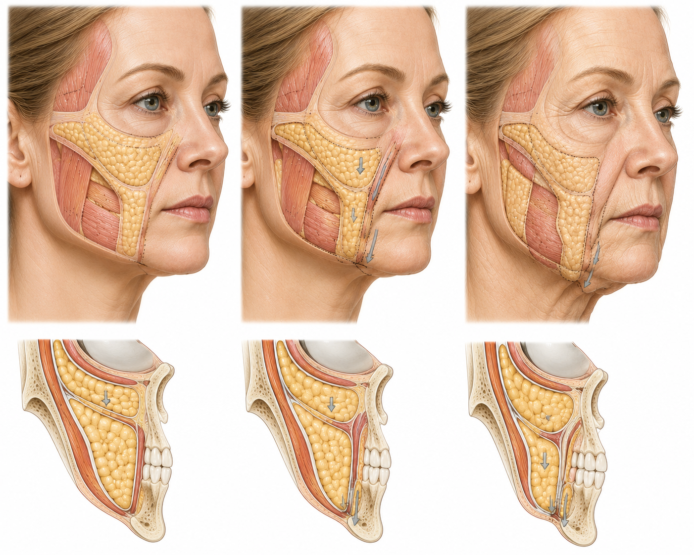 Medical illustration showing steps of a facelift surgery on a woman's face, including anatomical details of muscles, fat, and skin layers, with directional arrows indicating surgical procedures.