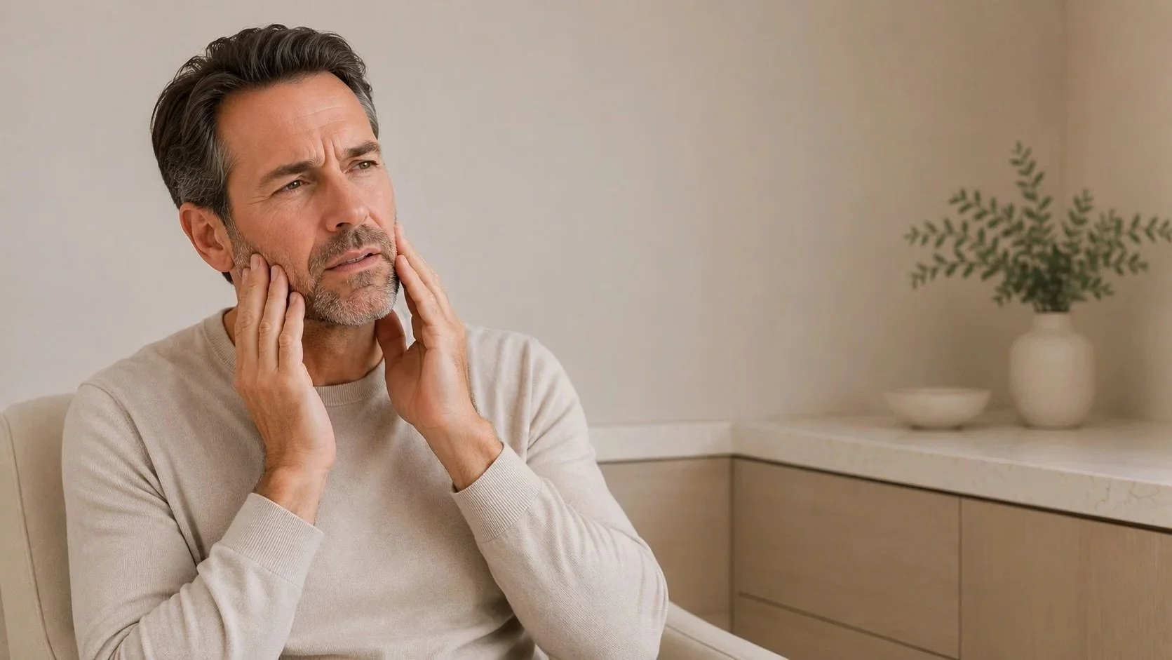A middle-aged man with gray hair and a beard is holding his jaw and checking his cheek in discomfort.