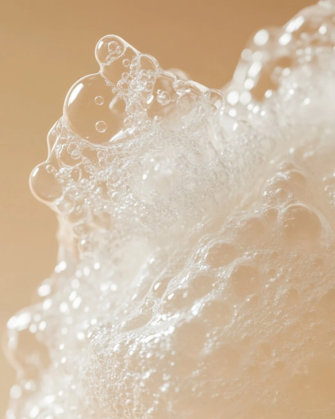 Close-up of foamy, bubbling water with a beige background.
