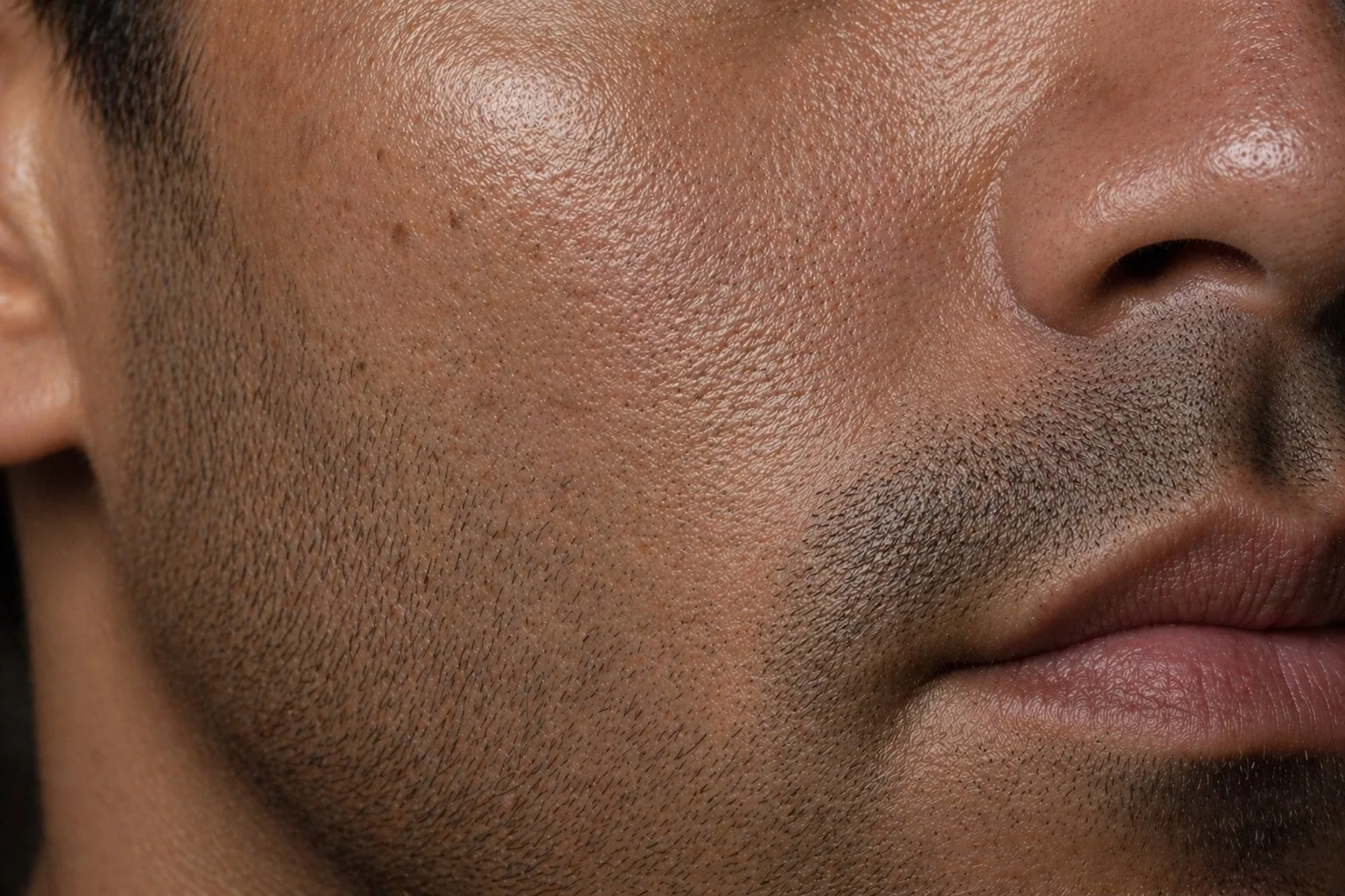 Close-up of a person's face showing detailed skin texture, pores, and facial hair, focusing on the cheek, nose, and mouth area.