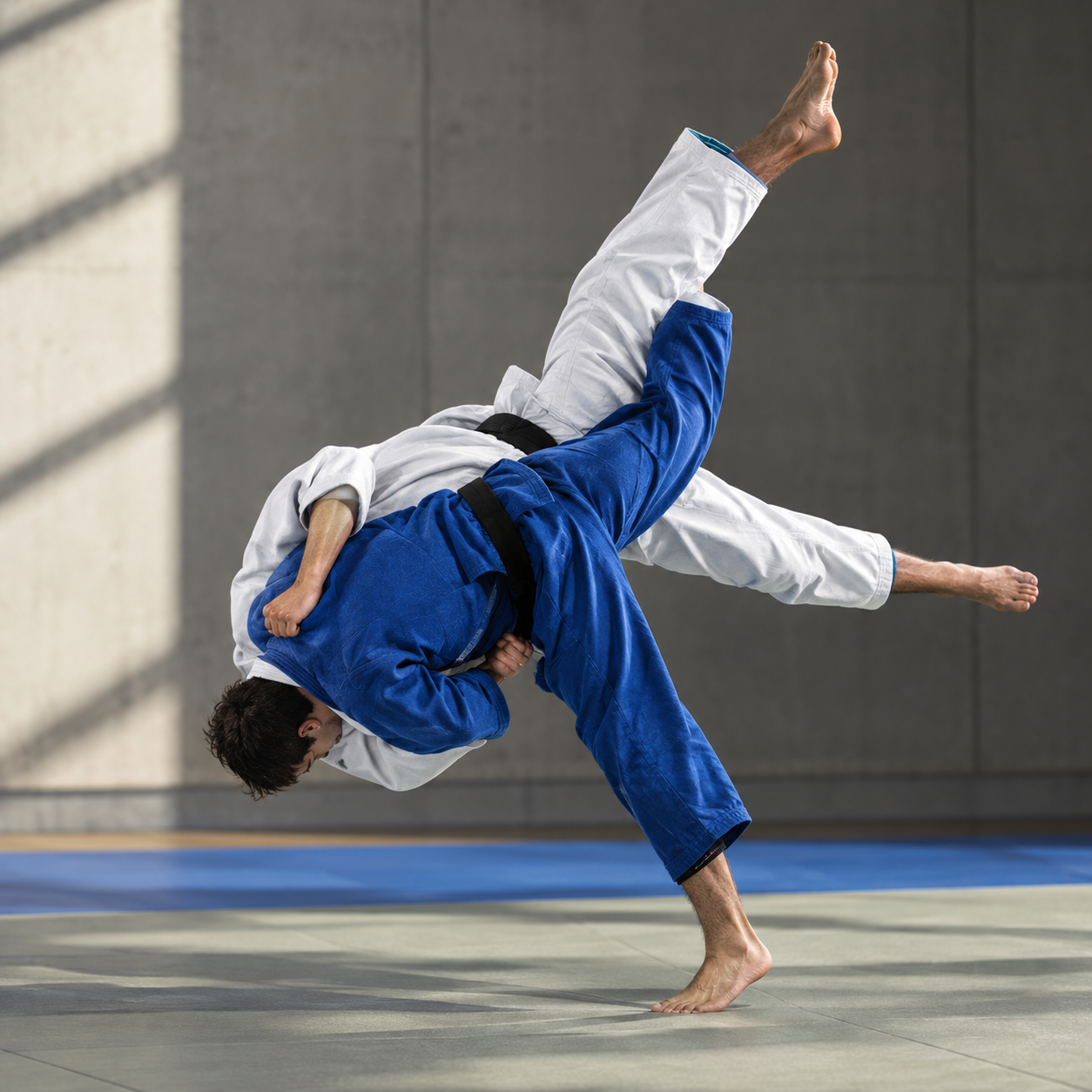 Two judo practitioners, one in a white gi and the other in a blue gi, engaged in a throw on a judo mat.