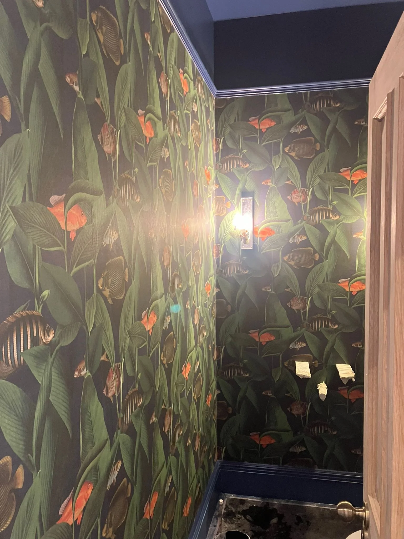 Small hallway with dark blue walls and botanical wallpaper featuring green leaves, orange flowers, and various tropical fish designs, as well as a wall light and partially visible wooden door.