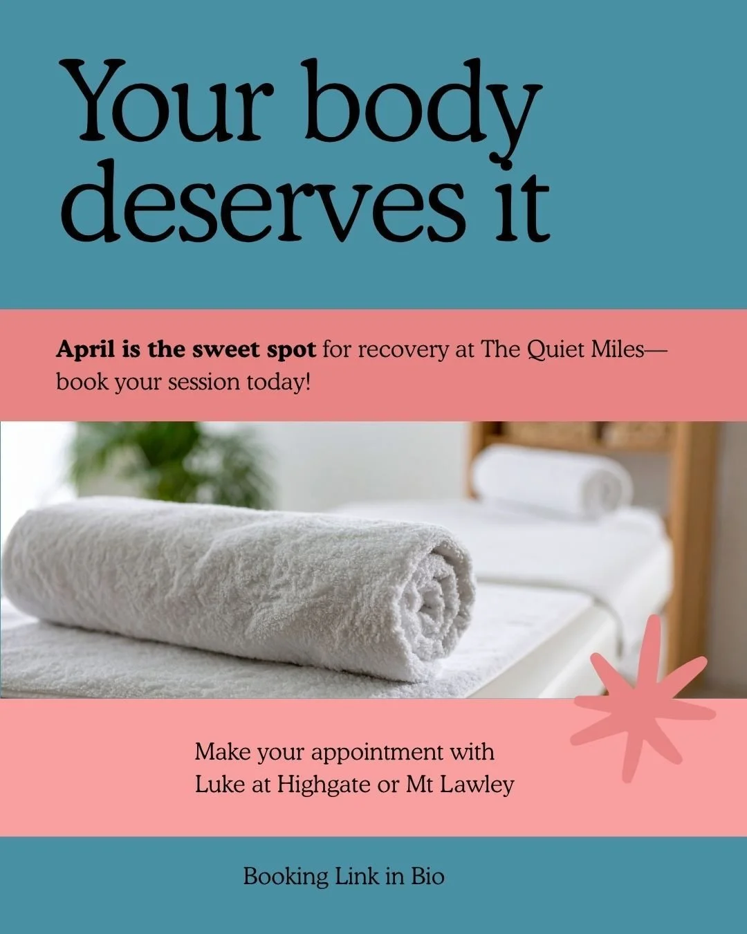 Your body has been patient. Reward it.
April is the sweet spot - cool enough to recover properly, busy enough to need it.
Both locations are open:
📍 Highgate
📍 Reset HQ, Mt Lawley
Sports massage, deep tissue, and dry needling &mdash; all available 