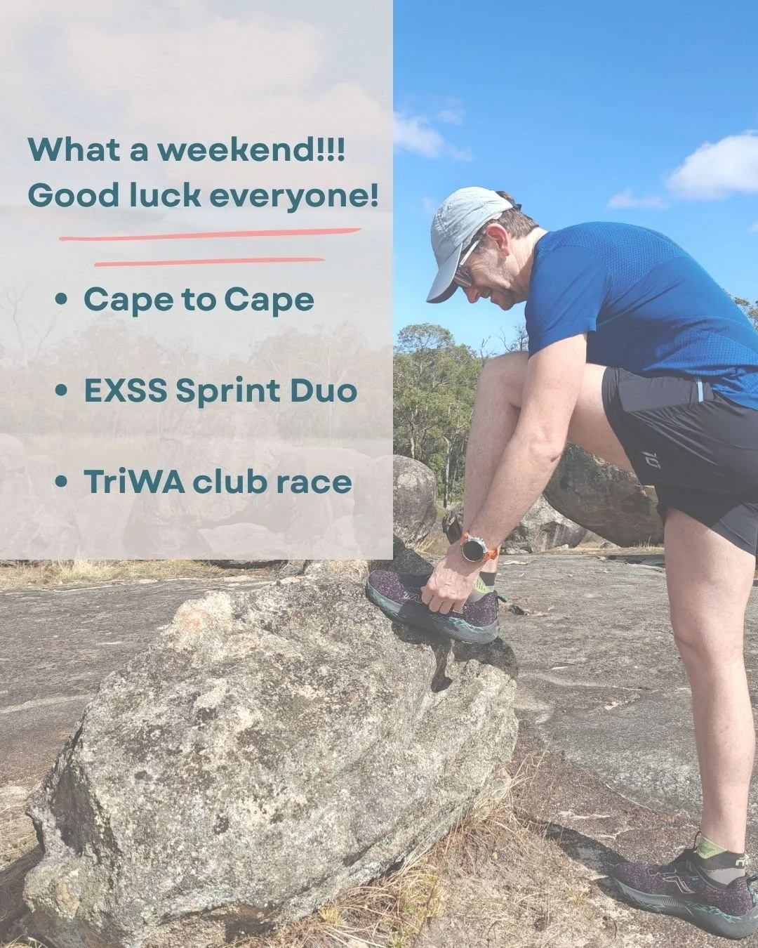 Big weekend for legs around WA. Cape to Cape riders are deep into Margaret River by now, and Sunday morning has the EXSS Sprint Duo at Champion Lakes plus the TriWA club racers at Somerville.

If you're racing Sunday: today's job is easy spinning, ch