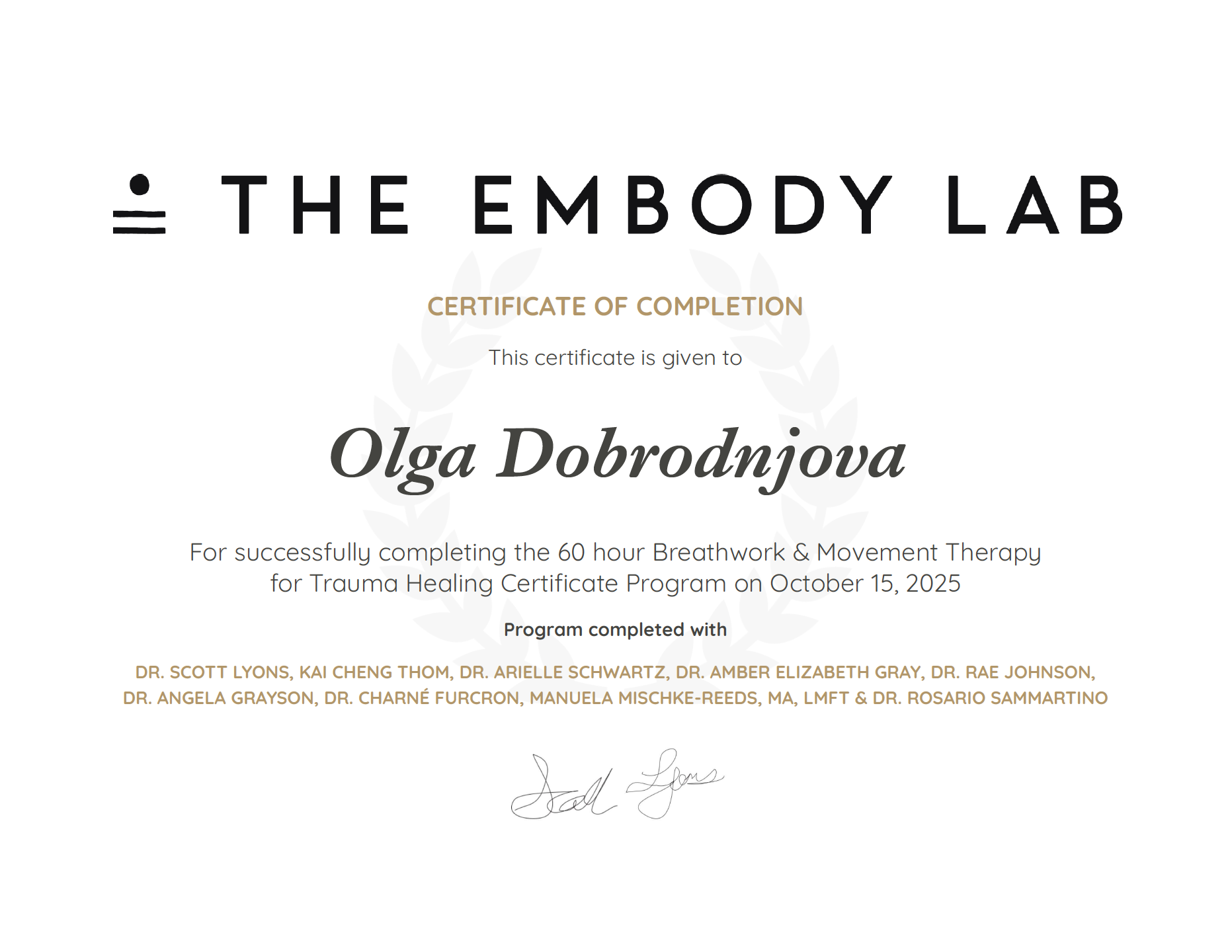 Certificate of completion from The Embody Lab awarded to Olga Dobrodnjova for completing a 60-hour Breathwork & Movement Therapy program, dated October 15, 2025.
