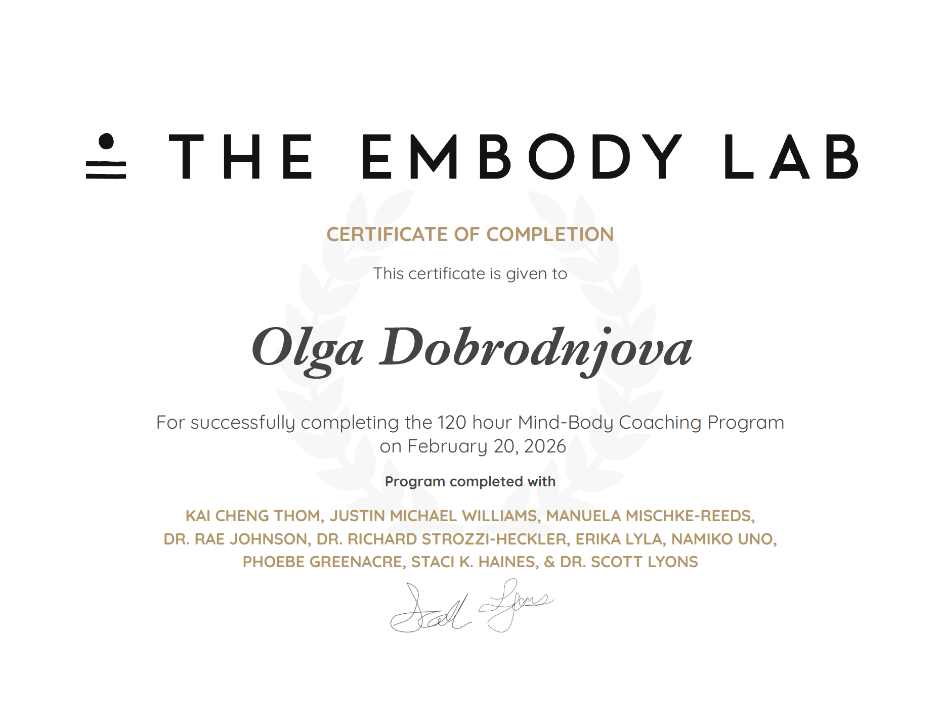 Certificate of completion from The Embody Lab awarded to Olga Dobrodnjova for completing a 120-hour Mind-Body Coaching Program on February 20, 2026