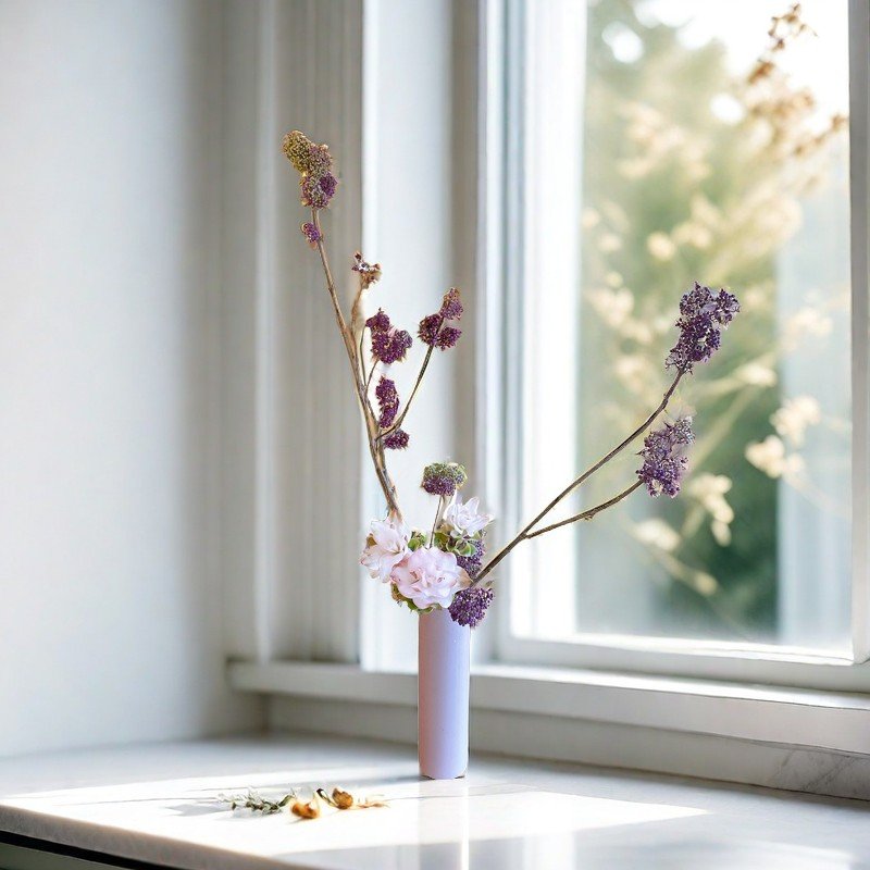 A simple white vase with dried lavender and a few pale pink flowers sits on a white windowsill in sunlight, with a blurred outdoor scene in the background.