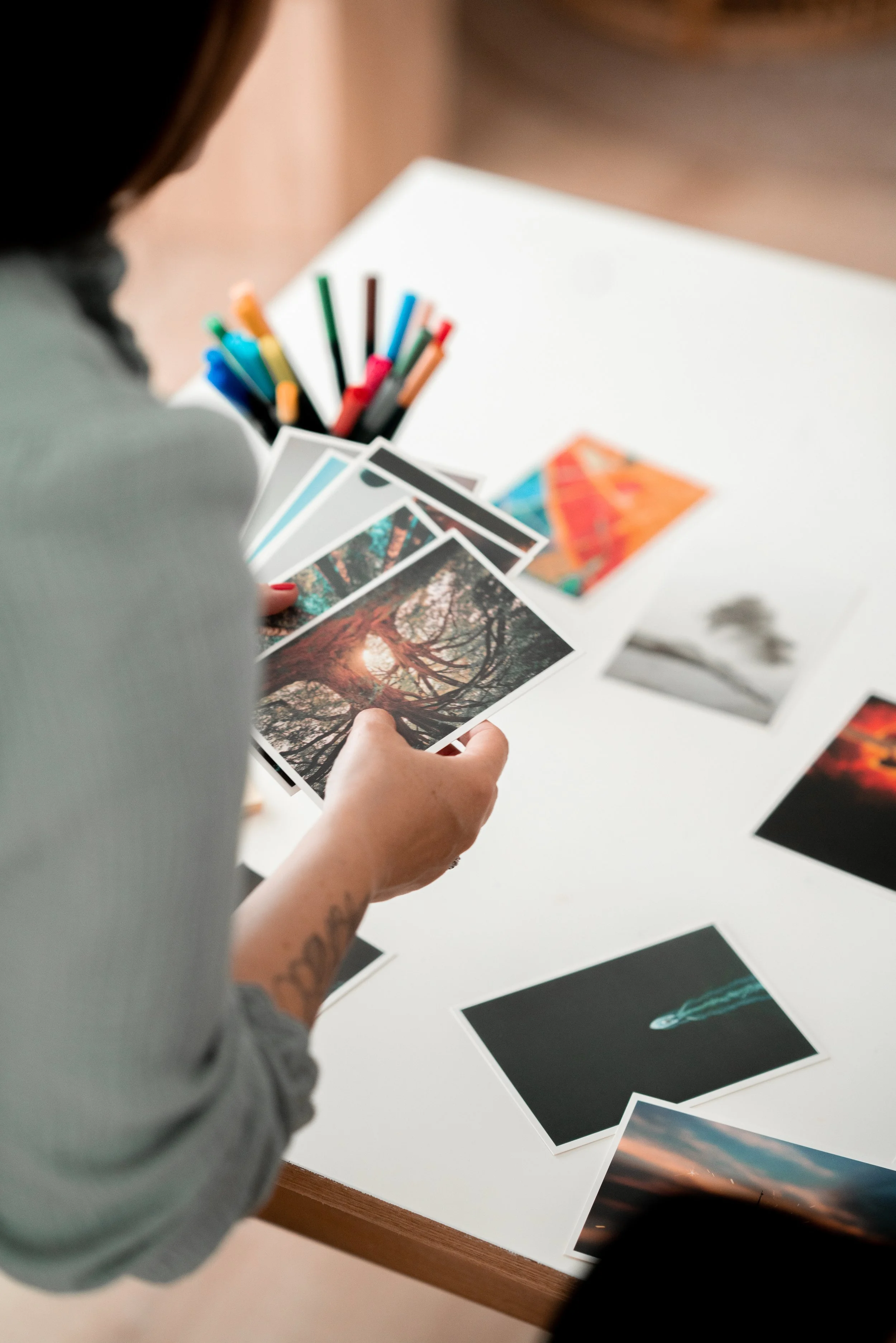 Une personne regarde des photos de paysages et d'animaux sur une table blanche.