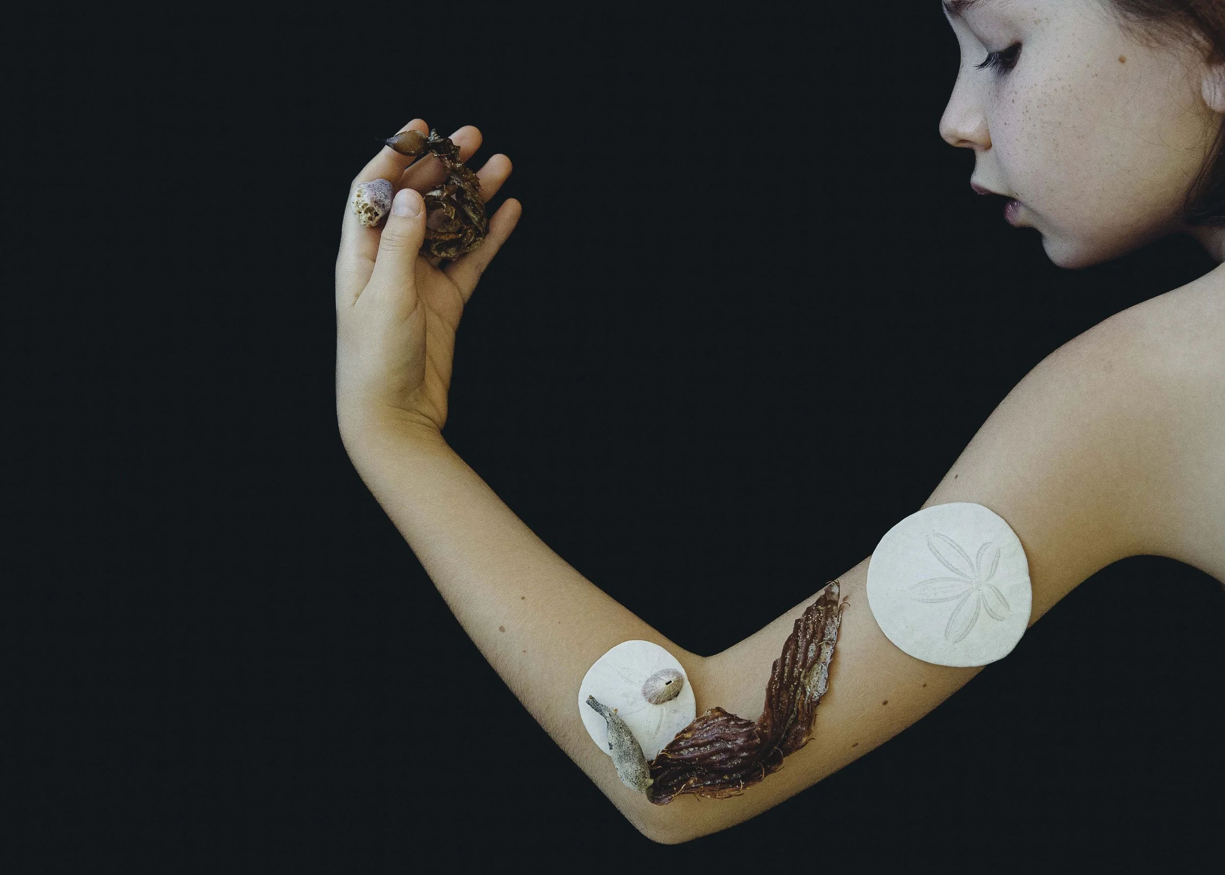 A young girl with light skin and freckles looking at her flexed arm, which has various objects attached including dried seaweed and white sand dollar seashells with leaf sketches, with a dark background.
