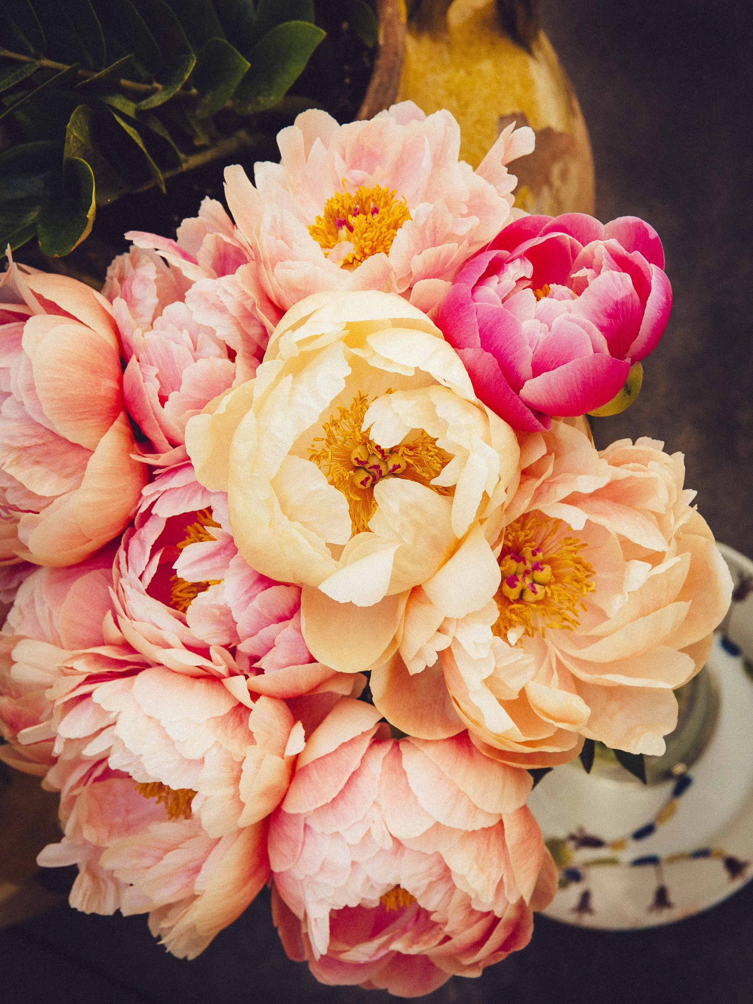 Close-up of a bouquet of pink and cream peonies with yellow and purple centers.